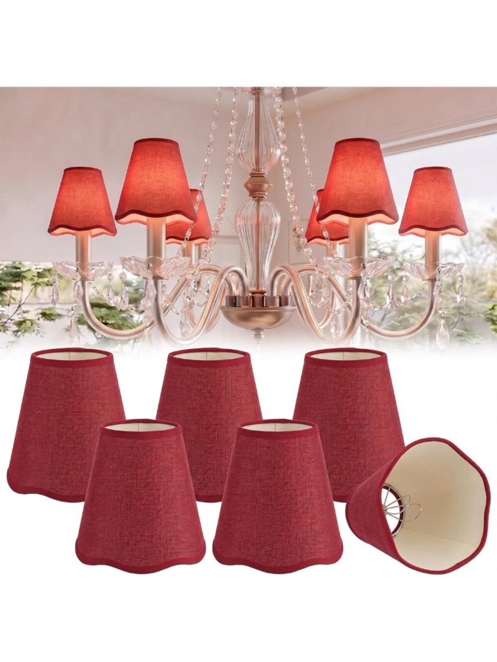 6 Pack Red Mini Clip-On Chandelier Shades - Scalloped Linen Lampshades for